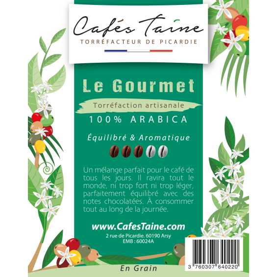 Café Le Gourmet 100 % Arabica, équilibré et aromatique, sachet Cafés Taine